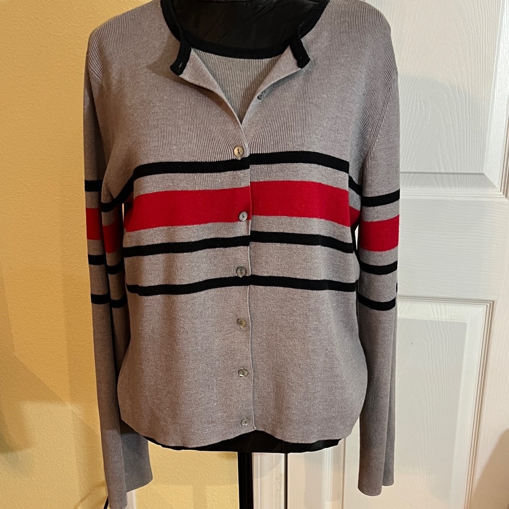 2pc Gray Cardigan and matching shirt with Red and Black Stripes
